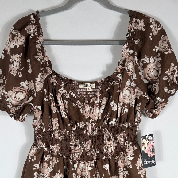 A Hint of Blush Floral Brown Flowy Mini Dress. Ruffle bottom. Womens Size L. NWT - Picture 4 of 8
